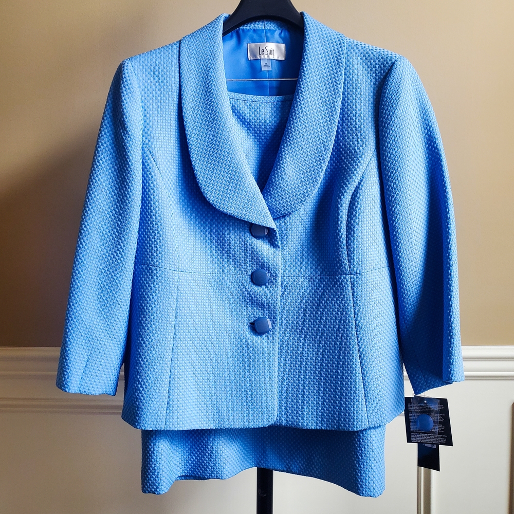 Le Suit Blue Blazer and Skirt Suit with Shawl Collar